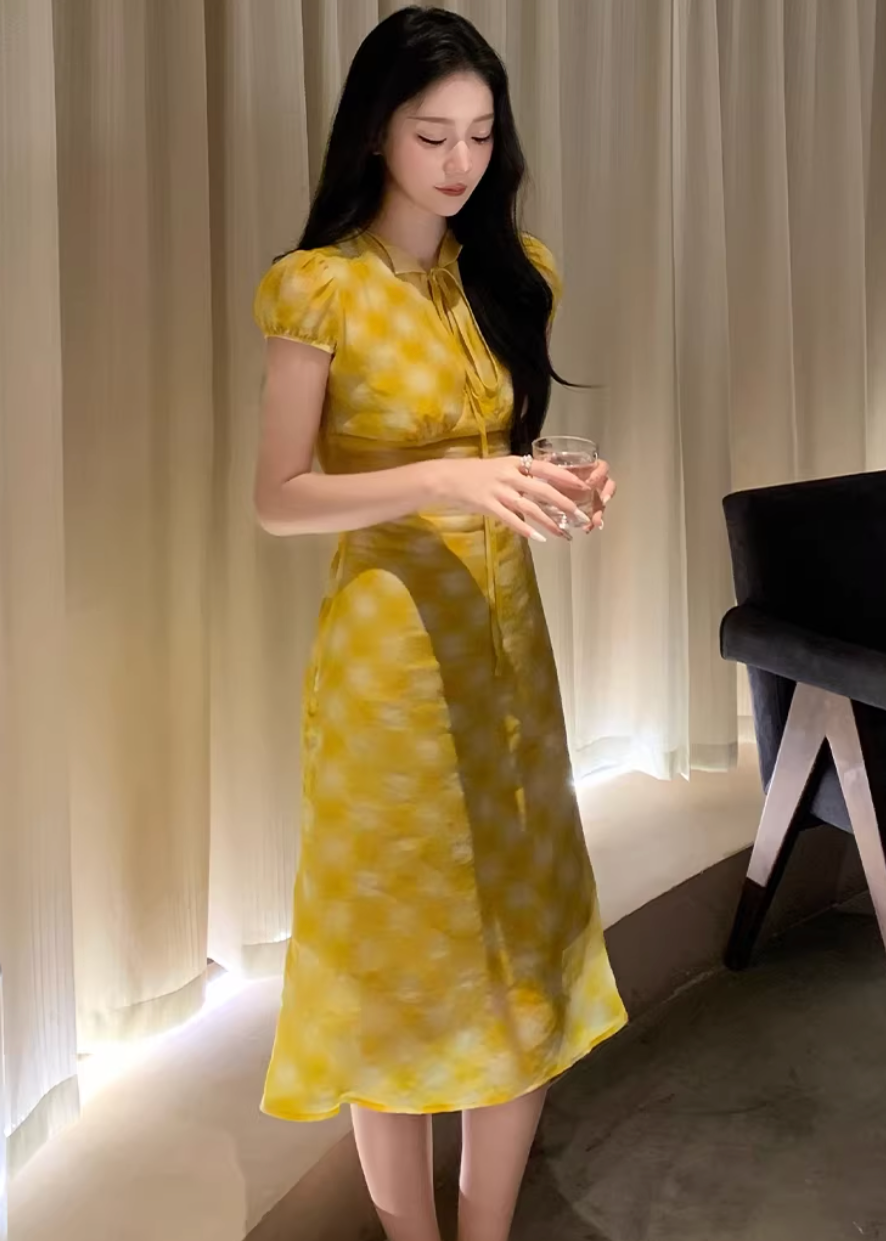 checkered tea dress, vintage summer dress, yellow midi dress, korean fashion dress, resort style dress, picnic dress women, french vintage dress, feminine summer outfit, lightweight cotton dress, flattering waist dress, casual romantic dress, aesthetic fashion dress, parisian style clothing, soft girl summer dress, breathable summer dress, elegant casual wear, modern feminine clothing, vacation outfit dress, chic everyday dress, warm tone dress