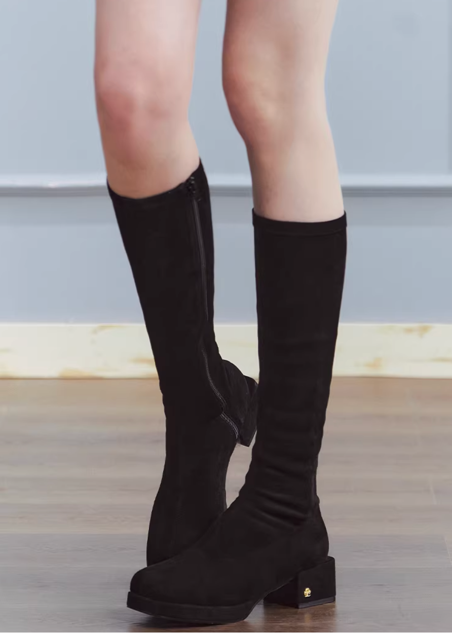 suede boots women, square toe boots, knee high boots women, korean fashion shoes, low heel boots, stretch boots women, slim fit boots, black knee boots, minimalist boots women, versatile winter shoes, elegant casual boots, modern feminine footwear, chic everyday boots, parisian style shoes, aesthetic fashion footwear, refined minimal boots, comfortable heeled boots, sleek silhouette boots, soft suede boots, wardrobe essential boots