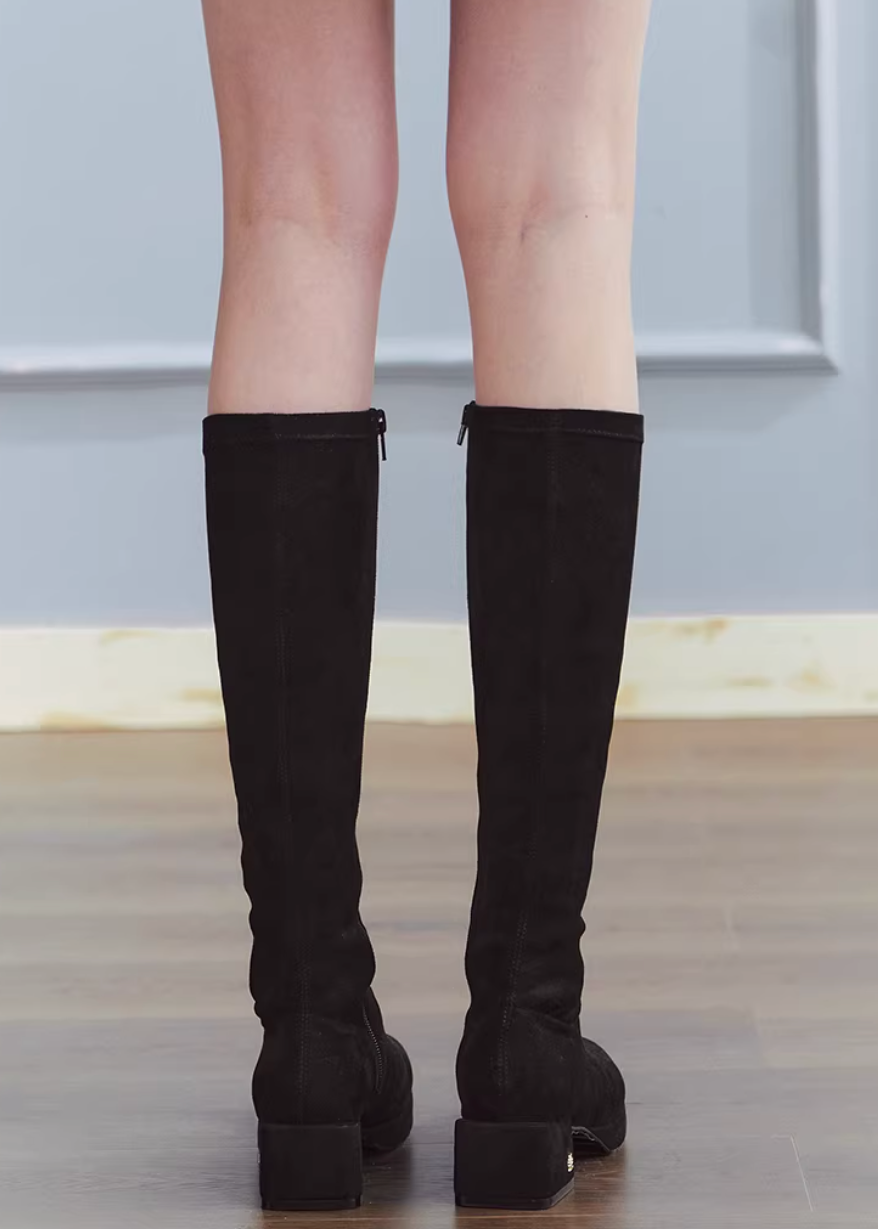 suede boots women, square toe boots, knee high boots women, korean fashion shoes, low heel boots, stretch boots women, slim fit boots, black knee boots, minimalist boots women, versatile winter shoes, elegant casual boots, modern feminine footwear, chic everyday boots, parisian style shoes, aesthetic fashion footwear, refined minimal boots, comfortable heeled boots, sleek silhouette boots, soft suede boots, wardrobe essential boots