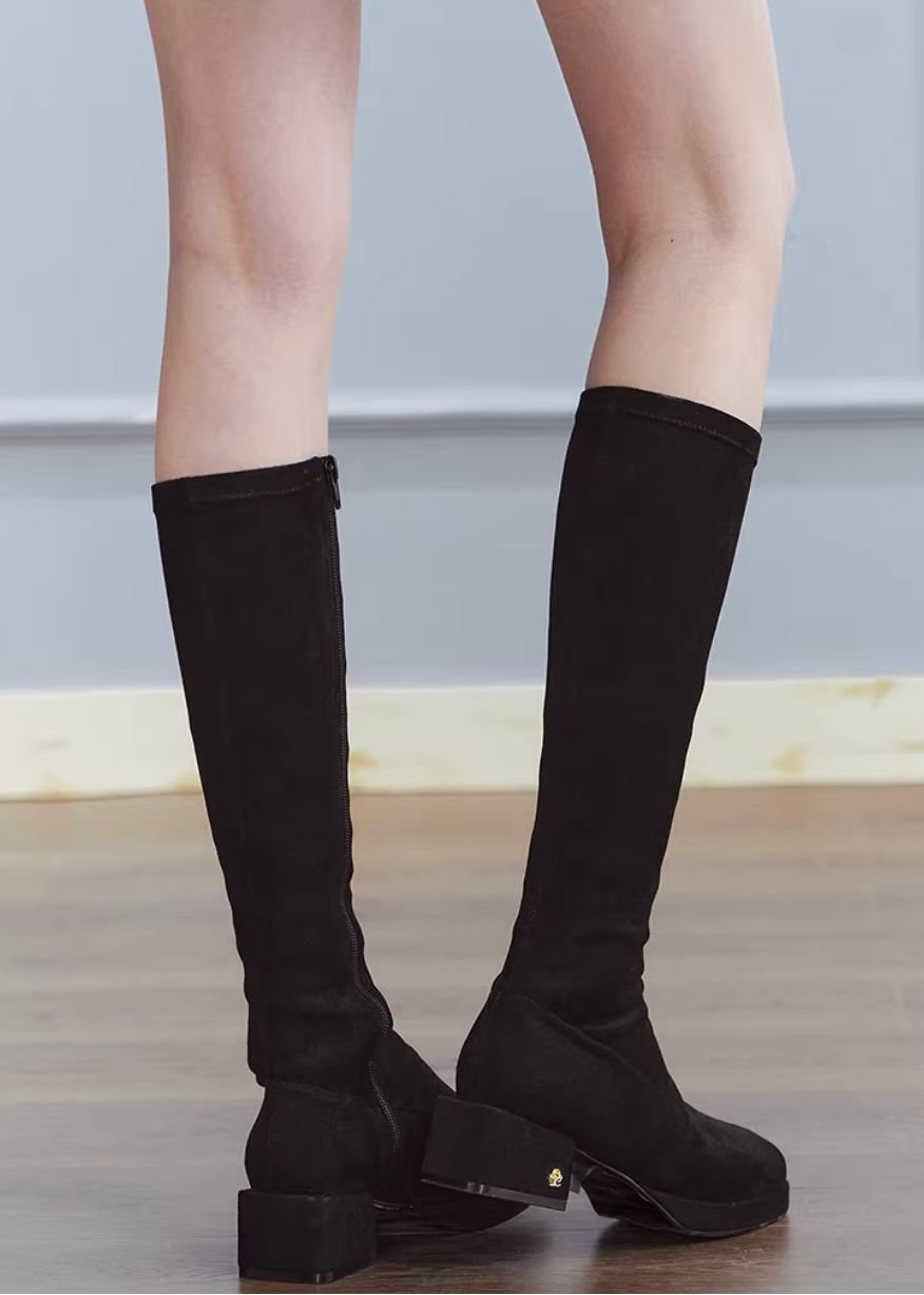 suede boots women, square toe boots, knee high boots women, korean fashion shoes, low heel boots, stretch boots women, slim fit boots, black knee boots, minimalist boots women, versatile winter shoes, elegant casual boots, modern feminine footwear, chic everyday boots, parisian style shoes, aesthetic fashion footwear, refined minimal boots, comfortable heeled boots, sleek silhouette boots, soft suede boots, wardrobe essential boots