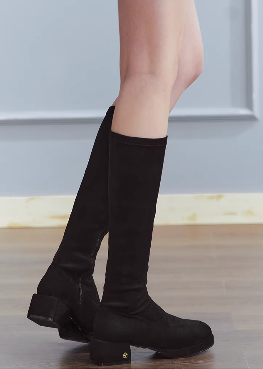 suede boots women, square toe boots, knee high boots women, korean fashion shoes, low heel boots, stretch boots women, slim fit boots, black knee boots, minimalist boots women, versatile winter shoes, elegant casual boots, modern feminine footwear, chic everyday boots, parisian style shoes, aesthetic fashion footwear, refined minimal boots, comfortable heeled boots, sleek silhouette boots, soft suede boots, wardrobe essential boots