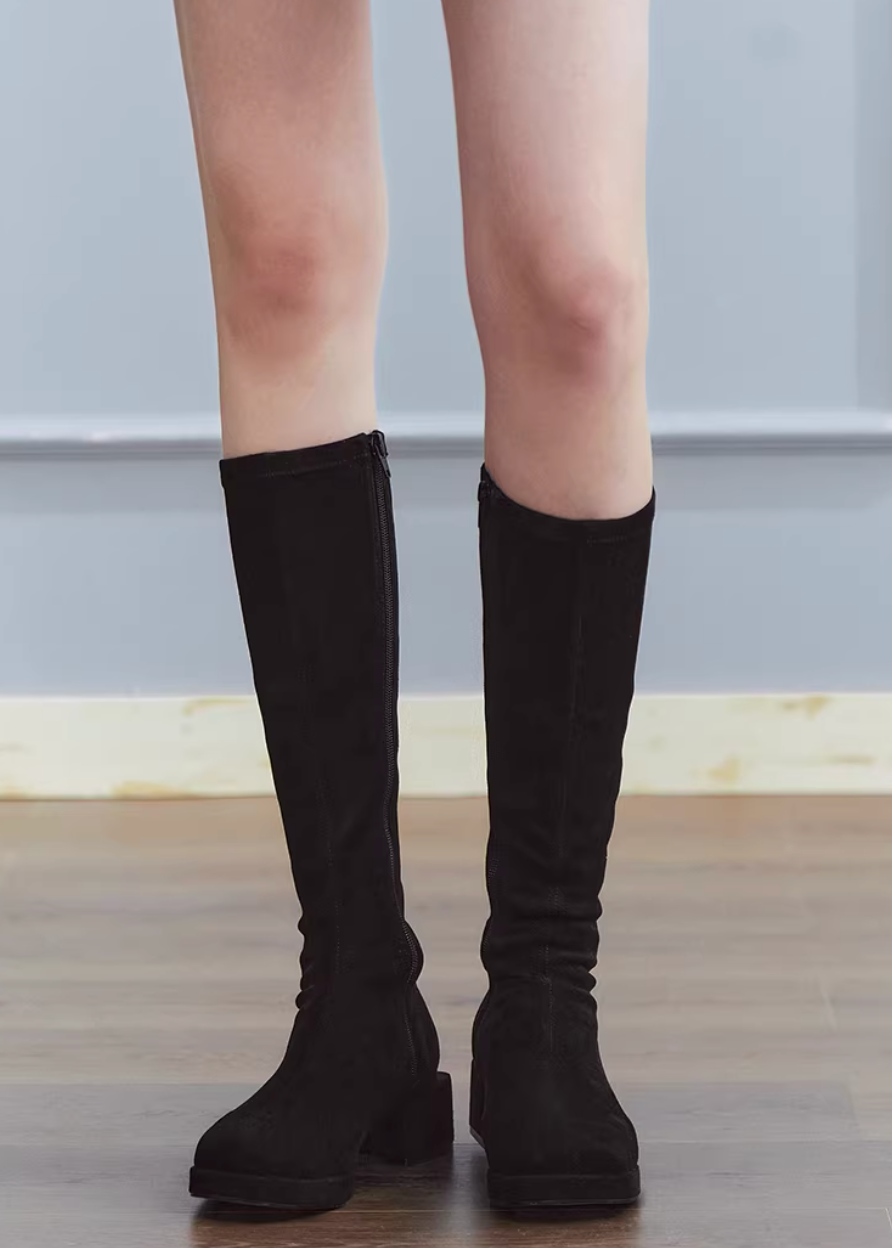 suede boots women, square toe boots, knee high boots women, korean fashion shoes, low heel boots, stretch boots women, slim fit boots, black knee boots, minimalist boots women, versatile winter shoes, elegant casual boots, modern feminine footwear, chic everyday boots, parisian style shoes, aesthetic fashion footwear, refined minimal boots, comfortable heeled boots, sleek silhouette boots, soft suede boots, wardrobe essential boots