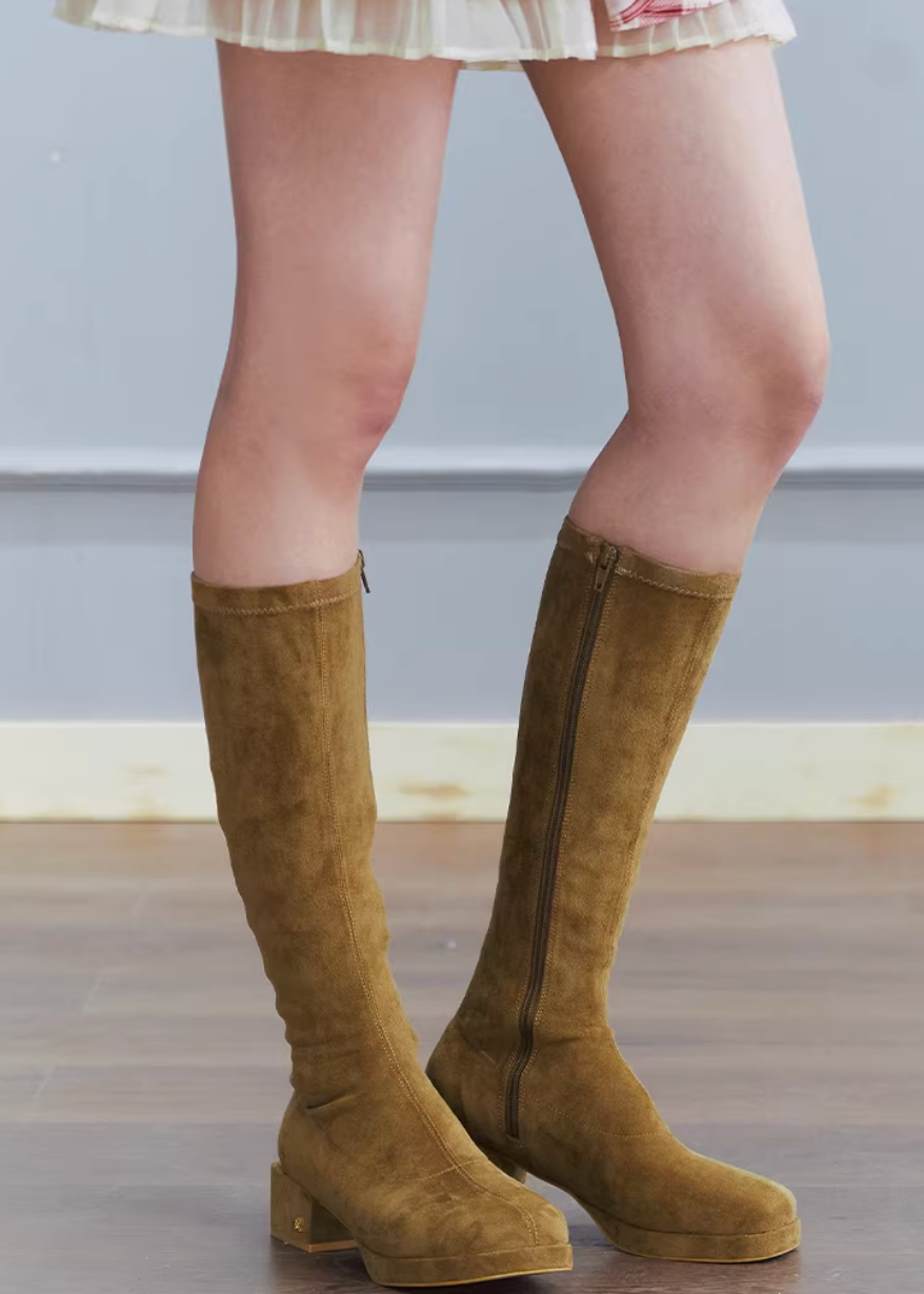 suede boots women, square toe boots, knee high boots women, korean fashion shoes, low heel boots, stretch boots women, slim fit boots, black knee boots, minimalist boots women, versatile winter shoes, elegant casual boots, modern feminine footwear, chic everyday boots, parisian style shoes, aesthetic fashion footwear, refined minimal boots, comfortable heeled boots, sleek silhouette boots, soft suede boots, wardrobe essential boots