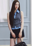 layered vest set women, knit vest shirt set, korean fashion top, sleeveless knit vest, two piece top women, minimalist layered outfit, modern feminine clothing, structured vest women, casual chic outfit, aesthetic fashion top, versatile layering set, spring outfit women, clean line clothing, refined casual wear, urban style top, fitted vest outfit, contemporary fashion women, chic everyday look, contrast layer top, essential wardrobe set