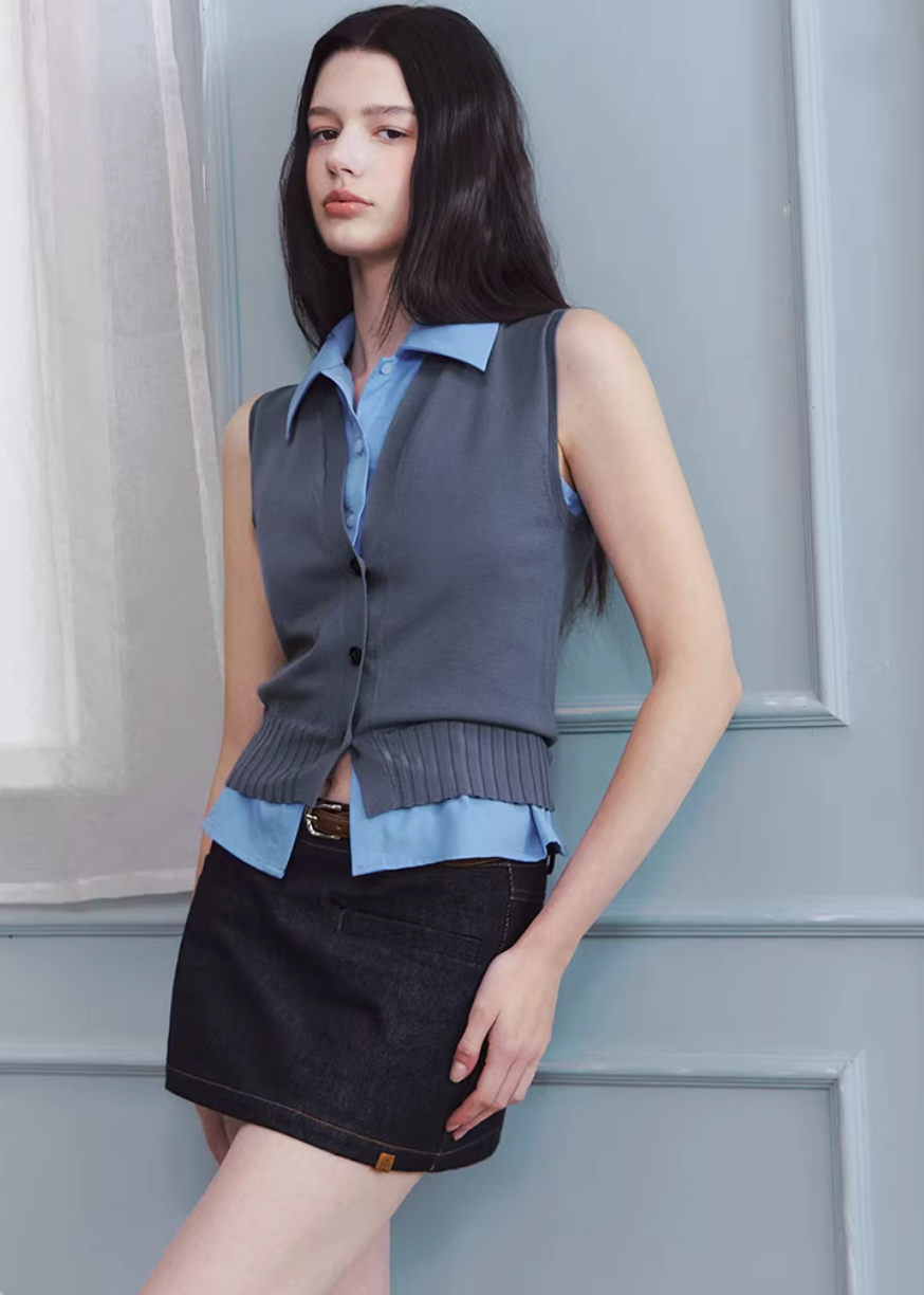 layered vest set women, knit vest shirt set, korean fashion top, sleeveless knit vest, two piece top women, minimalist layered outfit, modern feminine clothing, structured vest women, casual chic outfit, aesthetic fashion top, versatile layering set, spring outfit women, clean line clothing, refined casual wear, urban style top, fitted vest outfit, contemporary fashion women, chic everyday look, contrast layer top, essential wardrobe set
