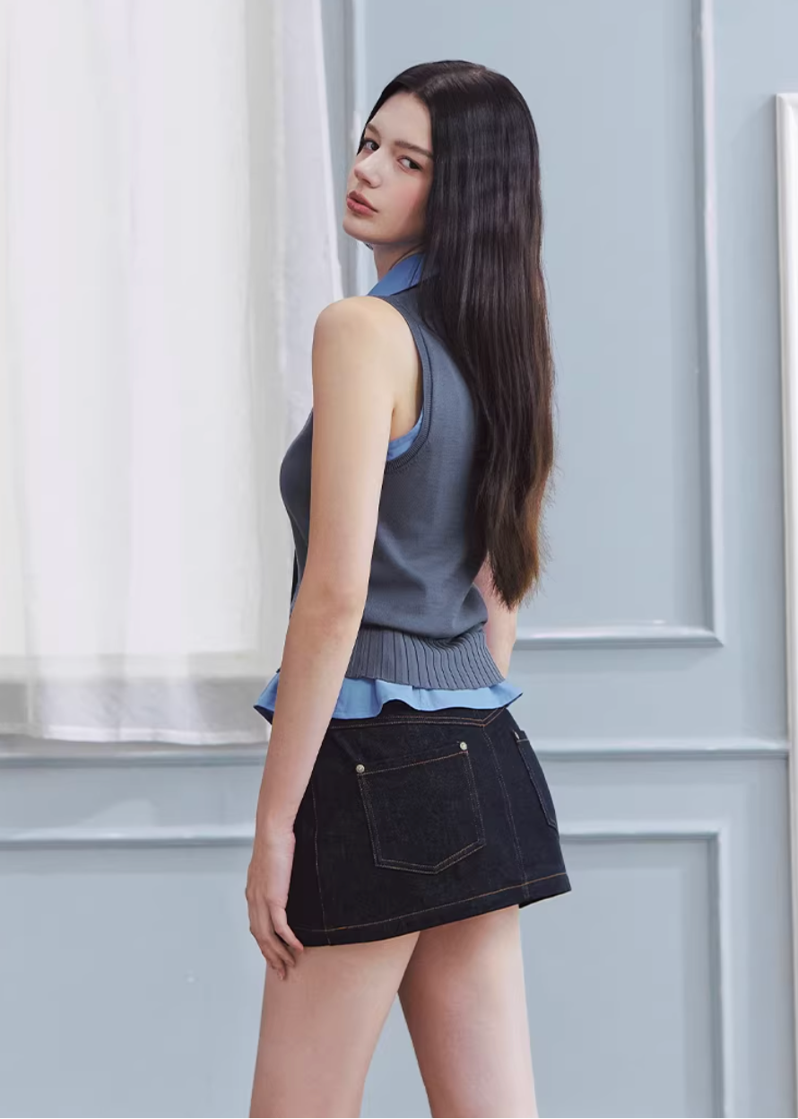 layered vest set women, knit vest shirt set, korean fashion top, sleeveless knit vest, two piece top women, minimalist layered outfit, modern feminine clothing, structured vest women, casual chic outfit, aesthetic fashion top, versatile layering set, spring outfit women, clean line clothing, refined casual wear, urban style top, fitted vest outfit, contemporary fashion women, chic everyday look, contrast layer top, essential wardrobe set
