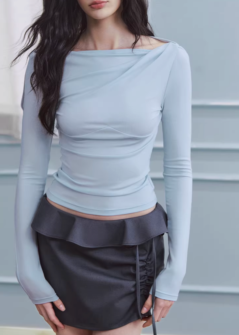 off shoulder top women, tencel long sleeve top, asymmetrical neckline top, korean fashion top, slim fit tee women, minimalist long sleeve top, breathable fabric top, modern feminine clothing, casual chic top, fitted long sleeve shirt, soft knit top women, versatile everyday top, aesthetic fashion top, parisian style clothing, clean line top, lightweight layering top, refined casual wear, edgy feminine outfit, simple design top, contemporary fashion women