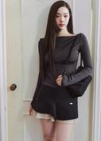 off shoulder top women, tencel long sleeve top, asymmetrical neckline top, korean fashion top, slim fit tee women, minimalist long sleeve top, breathable fabric top, modern feminine clothing, casual chic top, fitted long sleeve shirt, soft knit top women, versatile everyday top, aesthetic fashion top, parisian style clothing, clean line top, lightweight layering top, refined casual wear, edgy feminine outfit, simple design top, contemporary fashion women