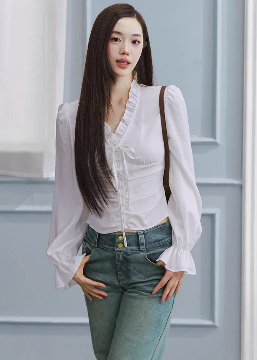 lace up blouse women, tencel blouse women, v neck shirt women, puff sleeve blouse, korean fashion top, feminine white blouse, lightweight spring top, soft fabric blouse, elegant casual top, parisian style clothing, breathable blouse women, fitted blouse top, chic everyday top, aesthetic fashion blouse, modern feminine clothing, versatile white top, refined casual wear, delicate detail blouse, spring outfit women, soft luxury top