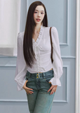 lace up blouse women, tencel blouse women, v neck shirt women, puff sleeve blouse, korean fashion top, feminine white blouse, lightweight spring top, soft fabric blouse, elegant casual top, parisian style clothing, breathable blouse women, fitted blouse top, chic everyday top, aesthetic fashion blouse, modern feminine clothing, versatile white top, refined casual wear, delicate detail blouse, spring outfit women, soft luxury top
