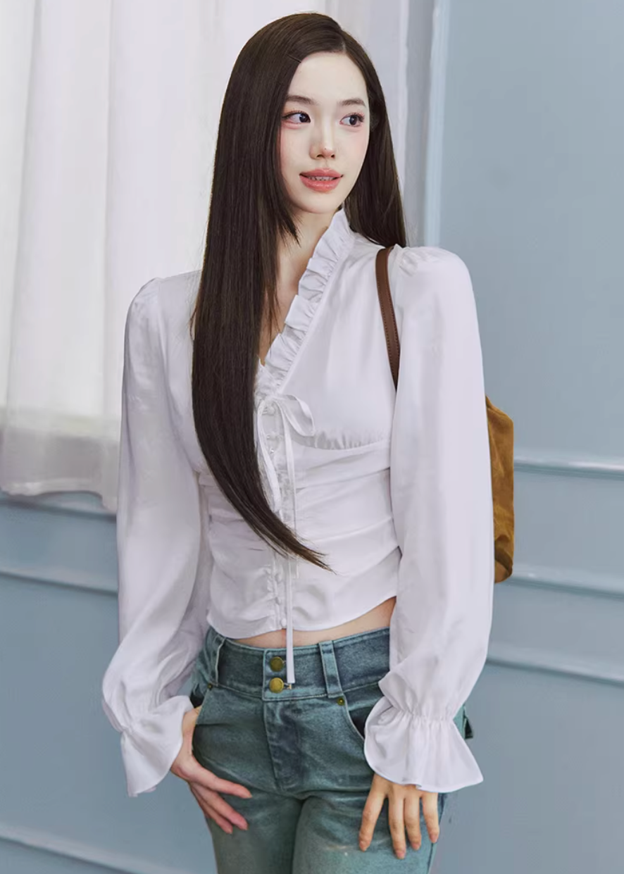 lace up blouse women, tencel blouse women, v neck shirt women, puff sleeve blouse, korean fashion top, feminine white blouse, lightweight spring top, soft fabric blouse, elegant casual top, parisian style clothing, breathable blouse women, fitted blouse top, chic everyday top, aesthetic fashion blouse, modern feminine clothing, versatile white top, refined casual wear, delicate detail blouse, spring outfit women, soft luxury top