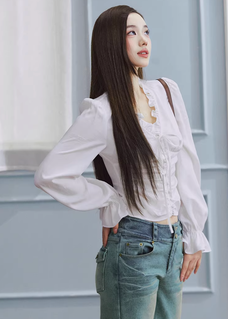 lace up blouse women, tencel blouse women, v neck shirt women, puff sleeve blouse, korean fashion top, feminine white blouse, lightweight spring top, soft fabric blouse, elegant casual top, parisian style clothing, breathable blouse women, fitted blouse top, chic everyday top, aesthetic fashion blouse, modern feminine clothing, versatile white top, refined casual wear, delicate detail blouse, spring outfit women, soft luxury top