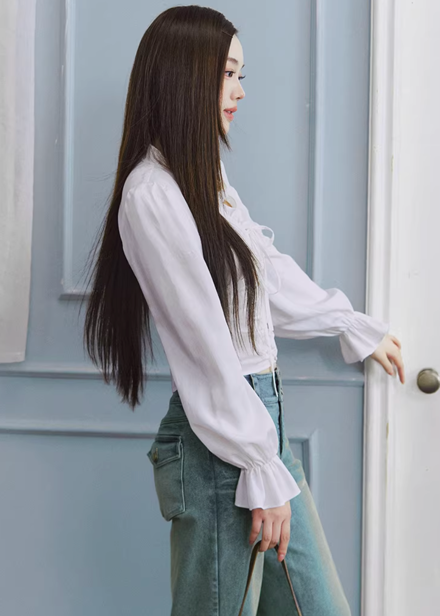 lace up blouse women, tencel blouse women, v neck shirt women, puff sleeve blouse, korean fashion top, feminine white blouse, lightweight spring top, soft fabric blouse, elegant casual top, parisian style clothing, breathable blouse women, fitted blouse top, chic everyday top, aesthetic fashion blouse, modern feminine clothing, versatile white top, refined casual wear, delicate detail blouse, spring outfit women, soft luxury top