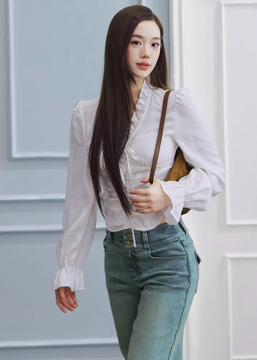 lace up blouse women, tencel blouse women, v neck shirt women, puff sleeve blouse, korean fashion top, feminine white blouse, lightweight spring top, soft fabric blouse, elegant casual top, parisian style clothing, breathable blouse women, fitted blouse top, chic everyday top, aesthetic fashion blouse, modern feminine clothing, versatile white top, refined casual wear, delicate detail blouse, spring outfit women, soft luxury top