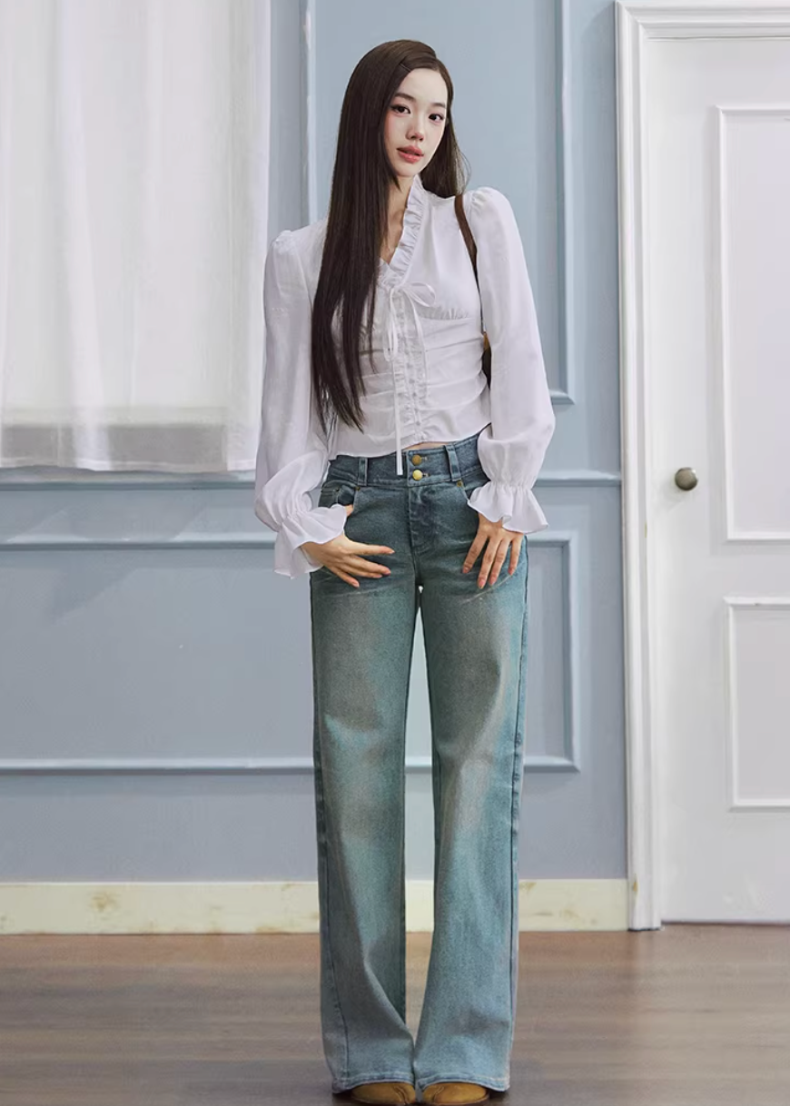 straight leg jeans women, cotton denim jeans, vintage wash jeans, korean fashion denim, relaxed fit jeans, casual straight pants, everyday denim women, blue jeans outfit, minimalist denim style, whisker wash jeans, breathable cotton jeans, classic straight denim, versatile casual pants, modern feminine clothing, chic everyday outfit, spring denim women, soft wash jeans, aesthetic fashion denim, simple straight jeans, essential wardrobe denim