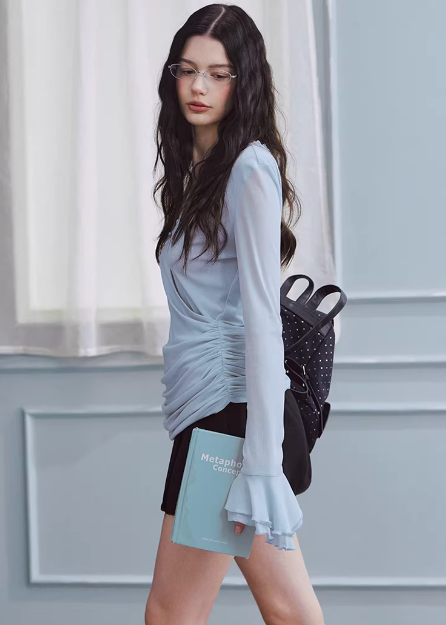 v neck lace top women, chiffon sleeve top, ruched long sleeve top, korean fashion top, feminine spring top, lightweight blouse women, soft drape top, elegant casual top, fitted long sleeve tee, breathable fabric top, aesthetic fashion blouse, parisian style clothing, modern feminine clothing, chic everyday top, delicate lace detail top, versatile spring outfit, slim fit blouse women, flowy sleeve top, refined casual wear, soft luxury top
