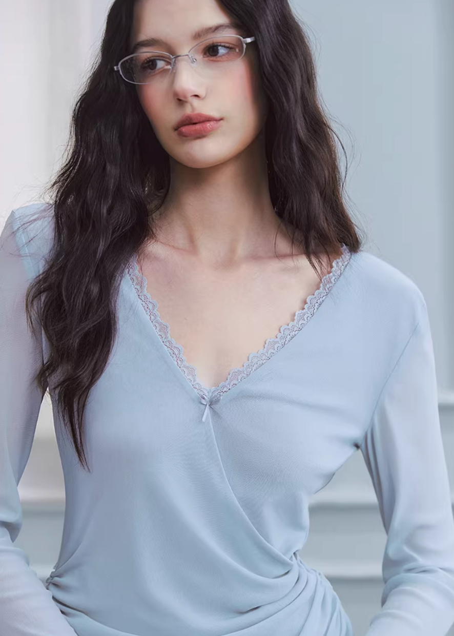 v neck lace top women, chiffon sleeve top, ruched long sleeve top, korean fashion top, feminine spring top, lightweight blouse women, soft drape top, elegant casual top, fitted long sleeve tee, breathable fabric top, aesthetic fashion blouse, parisian style clothing, modern feminine clothing, chic everyday top, delicate lace detail top, versatile spring outfit, slim fit blouse women, flowy sleeve top, refined casual wear, soft luxury top