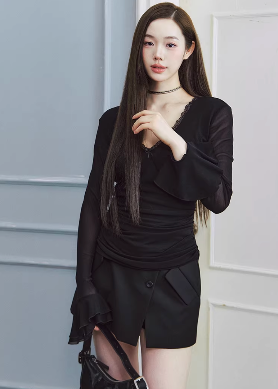 v neck lace top women, chiffon sleeve top, ruched long sleeve top, korean fashion top, feminine spring top, lightweight blouse women, soft drape top, elegant casual top, fitted long sleeve tee, breathable fabric top, aesthetic fashion blouse, parisian style clothing, modern feminine clothing, chic everyday top, delicate lace detail top, versatile spring outfit, slim fit blouse women, flowy sleeve top, refined casual wear, soft luxury top
