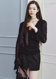 v neck lace top women, chiffon sleeve top, ruched long sleeve top, korean fashion top, feminine spring top, lightweight blouse women, soft drape top, elegant casual top, fitted long sleeve tee, breathable fabric top, aesthetic fashion blouse, parisian style clothing, modern feminine clothing, chic everyday top, delicate lace detail top, versatile spring outfit, slim fit blouse women, flowy sleeve top, refined casual wear, soft luxury top