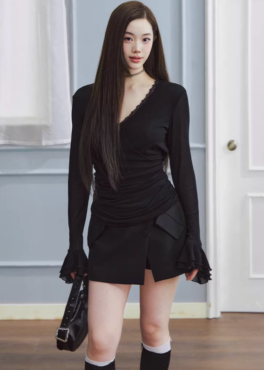 v neck lace top women, chiffon sleeve top, ruched long sleeve top, korean fashion top, feminine spring top, lightweight blouse women, soft drape top, elegant casual top, fitted long sleeve tee, breathable fabric top, aesthetic fashion blouse, parisian style clothing, modern feminine clothing, chic everyday top, delicate lace detail top, versatile spring outfit, slim fit blouse women, flowy sleeve top, refined casual wear, soft luxury top