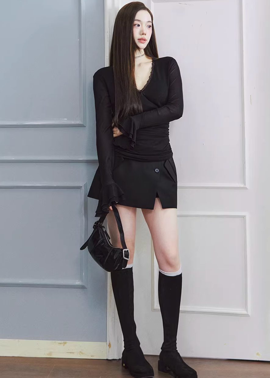 v neck lace top women, chiffon sleeve top, ruched long sleeve top, korean fashion top, feminine spring top, lightweight blouse women, soft drape top, elegant casual top, fitted long sleeve tee, breathable fabric top, aesthetic fashion blouse, parisian style clothing, modern feminine clothing, chic everyday top, delicate lace detail top, versatile spring outfit, slim fit blouse women, flowy sleeve top, refined casual wear, soft luxury top