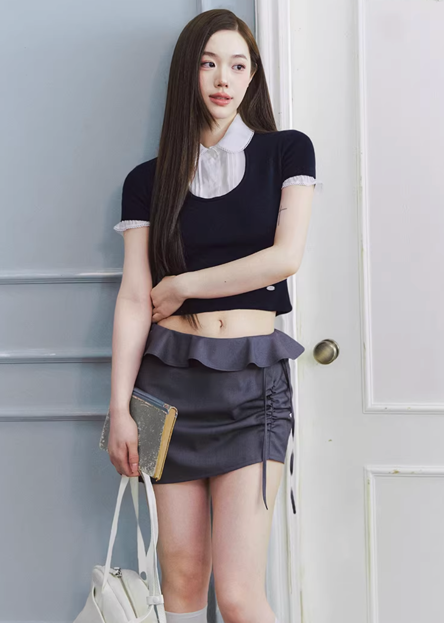 ruffled mini skirt women, low rise skirt, shirred mini skirt, korean fashion skirt, hip hugging skirt, spring outfit ideas, feminine mini skirt, casual chic skirt, aesthetic fashion skirt, modern feminine clothing, versatile mini skirt, lightweight skirt women, stylish short skirt, parisian style clothing, refined casual wear, body contour skirt, clean silhouette skirt, trendy mini skirt, everyday outfit skirt, spring mini skirt