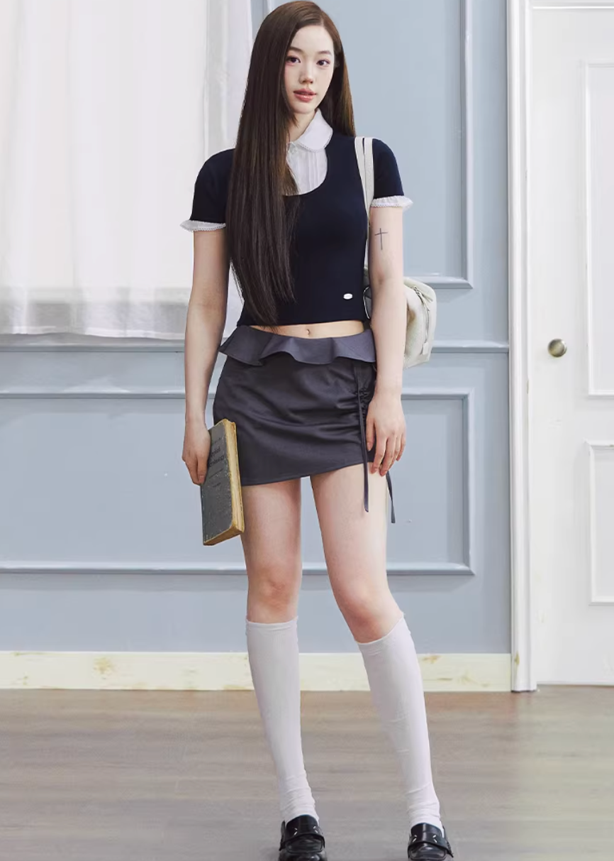 ruffled mini skirt women, low rise skirt, shirred mini skirt, korean fashion skirt, hip hugging skirt, spring outfit ideas, feminine mini skirt, casual chic skirt, aesthetic fashion skirt, modern feminine clothing, versatile mini skirt, lightweight skirt women, stylish short skirt, parisian style clothing, refined casual wear, body contour skirt, clean silhouette skirt, trendy mini skirt, everyday outfit skirt, spring mini skirt