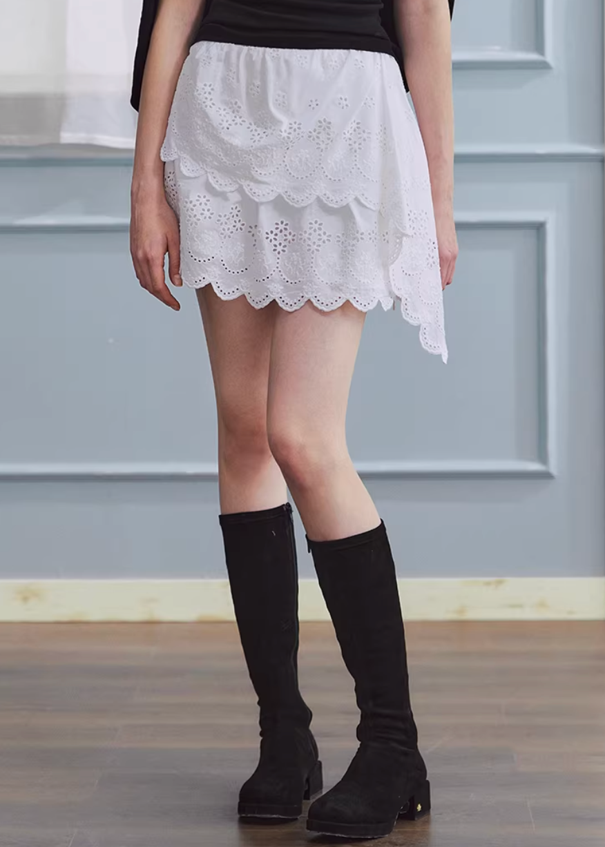 white embroidered skirt, a line mini skirt, cut out lace skirt, korean fashion skirt, spring outfits 2026, feminine mini skirt, asymmetrical skirt women, cotton skirt women, lightweight summer skirt, aesthetic fashion skirt, chic everyday outfit, modern feminine clothing, versatile white skirt, parisian style clothing, refined casual wear, delicate lace skirt, soft girl aesthetic outfit, breathable cotton skirt, elegant mini skirt, spring wardrobe essential
