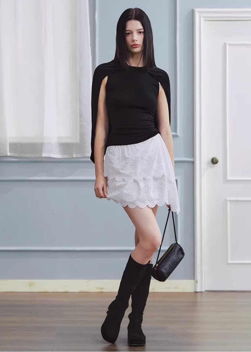 white embroidered skirt, a line mini skirt, cut out lace skirt, korean fashion skirt, spring outfits 2026, feminine mini skirt, asymmetrical skirt women, cotton skirt women, lightweight summer skirt, aesthetic fashion skirt, chic everyday outfit, modern feminine clothing, versatile white skirt, parisian style clothing, refined casual wear, delicate lace skirt, soft girl aesthetic outfit, breathable cotton skirt, elegant mini skirt, spring wardrobe essential