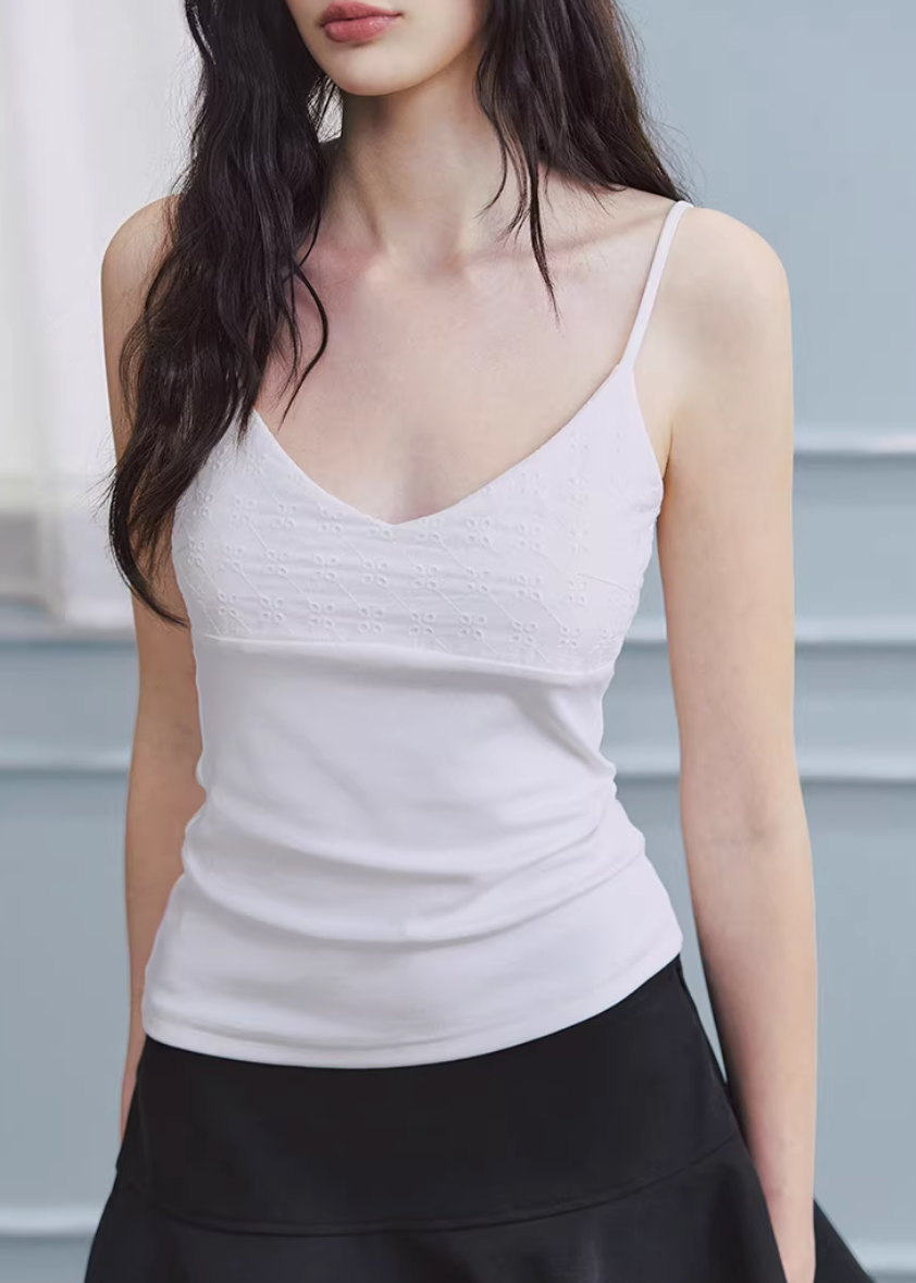 white camisole top women, embroidered camisole, minimal tank top women, korean fashion top, slim fit camisole, layering top women, spring outfit ideas, basic essential top, breathable cotton camisole, fitted tank top women, aesthetic fashion top, modern feminine clothing, versatile white top, casual chic outfit, parisian style clothing, clean line top, everyday essential wear, soft stretch camisole, refined basic top, lightweight summer top