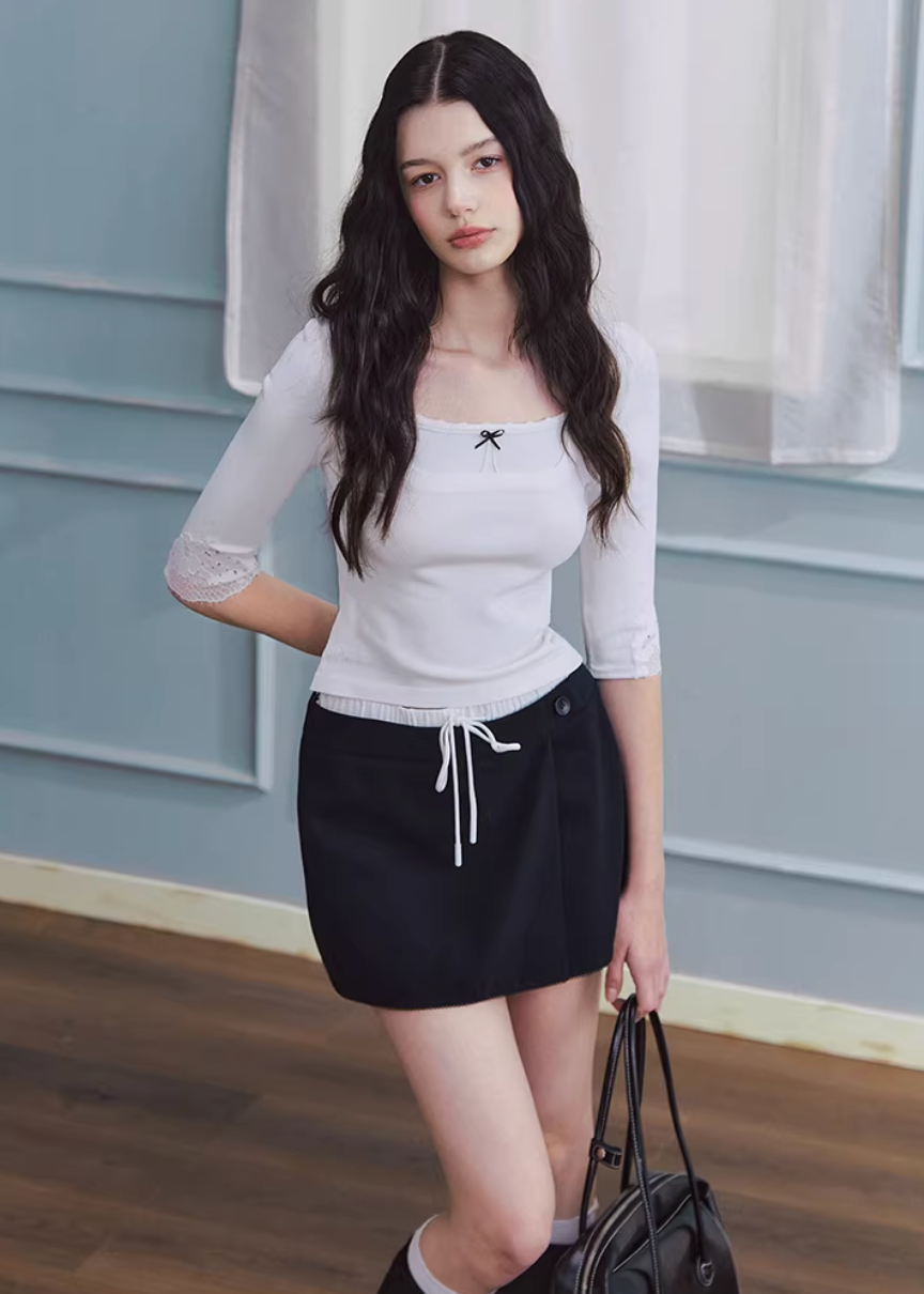 square neck knit top, lace trim top women, korean fashion top, slim fit knit top, spring outfit ideas, half sleeve knit women, feminine casual top, lightweight knitwear, aesthetic fashion top, modern feminine clothing, versatile everyday top, parisian style clothing, fitted knit blouse, soft knit top women, chic everyday outfit, clean line top, refined casual wear, delicate detail knit, spring wardrobe essential, minimal feminine top