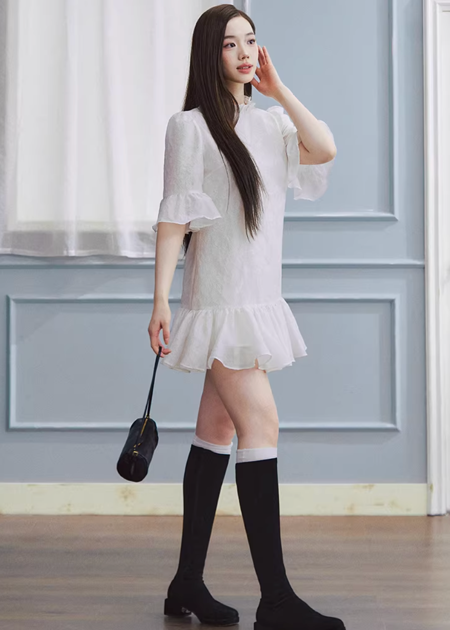 white mini dress women, jacquard dress women, ruffle dress spring, korean fashion dress, spring outfits 2026, feminine mini dress, textured white dress, aesthetic fashion dress, lightweight summer dress, chic everyday outfit, modern feminine clothing, elegant casual dress, parisian style clothing, versatile spring dress, soft girl aesthetic dress, flared mini dress, refined casual wear, delicate texture dress, romantic white dress, spring wardrobe essential