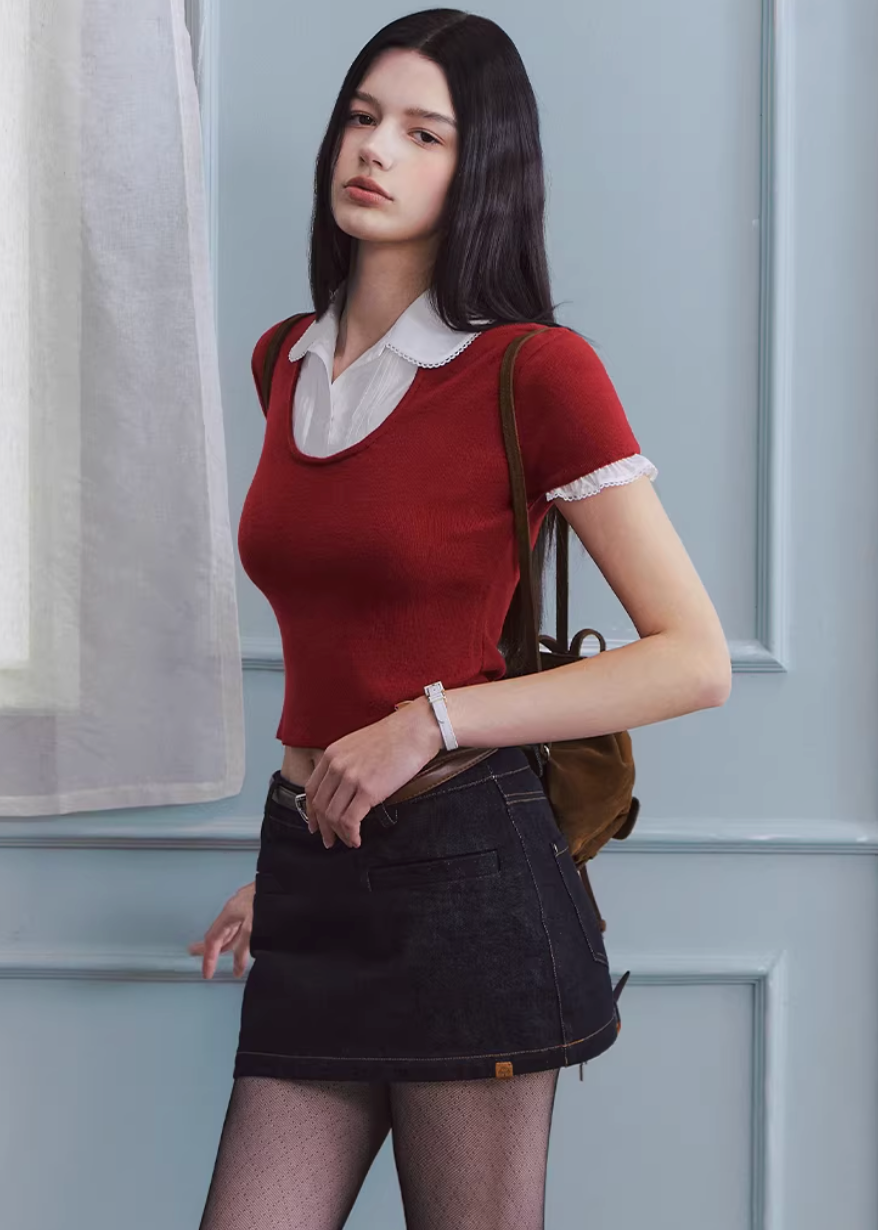 layered knit top women, fake two piece top, shirt collar knit, korean fashion top, spring outfit ideas, slim fit knit top, short sleeve knit women, feminine casual top, lightweight knitwear, aesthetic fashion top, modern feminine clothing, versatile everyday top, parisian style clothing, fitted knit blouse, clean line top, refined casual wear, minimal style top, chic everyday outfit, spring wardrobe essential, contrast collar top