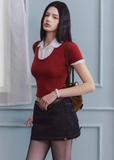 layered knit top women, fake two piece top, shirt collar knit, korean fashion top, spring outfit ideas, slim fit knit top, short sleeve knit women, feminine casual top, lightweight knitwear, aesthetic fashion top, modern feminine clothing, versatile everyday top, parisian style clothing, fitted knit blouse, clean line top, refined casual wear, minimal style top, chic everyday outfit, spring wardrobe essential, contrast collar top