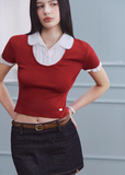 layered knit top women, fake two piece top, shirt collar knit, korean fashion top, spring outfit ideas, slim fit knit top, short sleeve knit women, feminine casual top, lightweight knitwear, aesthetic fashion top, modern feminine clothing, versatile everyday top, parisian style clothing, fitted knit blouse, clean line top, refined casual wear, minimal style top, chic everyday outfit, spring wardrobe essential, contrast collar top