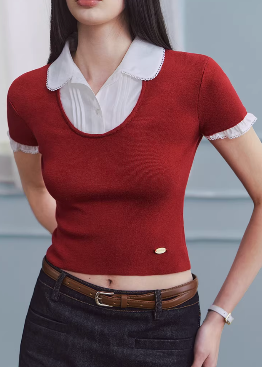 layered knit top women, fake two piece top, shirt collar knit, korean fashion top, spring outfit ideas, slim fit knit top, short sleeve knit women, feminine casual top, lightweight knitwear, aesthetic fashion top, modern feminine clothing, versatile everyday top, parisian style clothing, fitted knit blouse, clean line top, refined casual wear, minimal style top, chic everyday outfit, spring wardrobe essential, contrast collar top