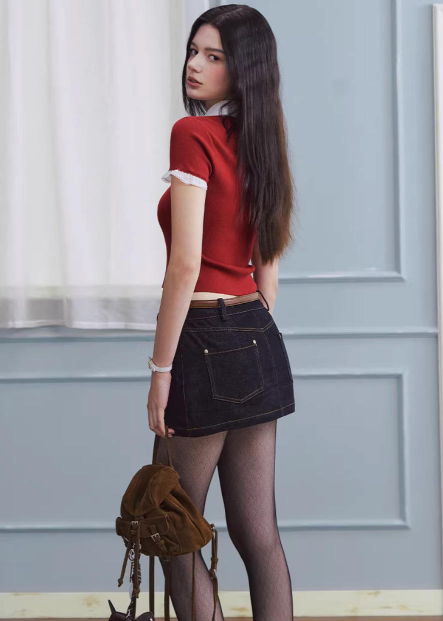 layered knit top women, fake two piece top, shirt collar knit, korean fashion top, spring outfit ideas, slim fit knit top, short sleeve knit women, feminine casual top, lightweight knitwear, aesthetic fashion top, modern feminine clothing, versatile everyday top, parisian style clothing, fitted knit blouse, clean line top, refined casual wear, minimal style top, chic everyday outfit, spring wardrobe essential, contrast collar top