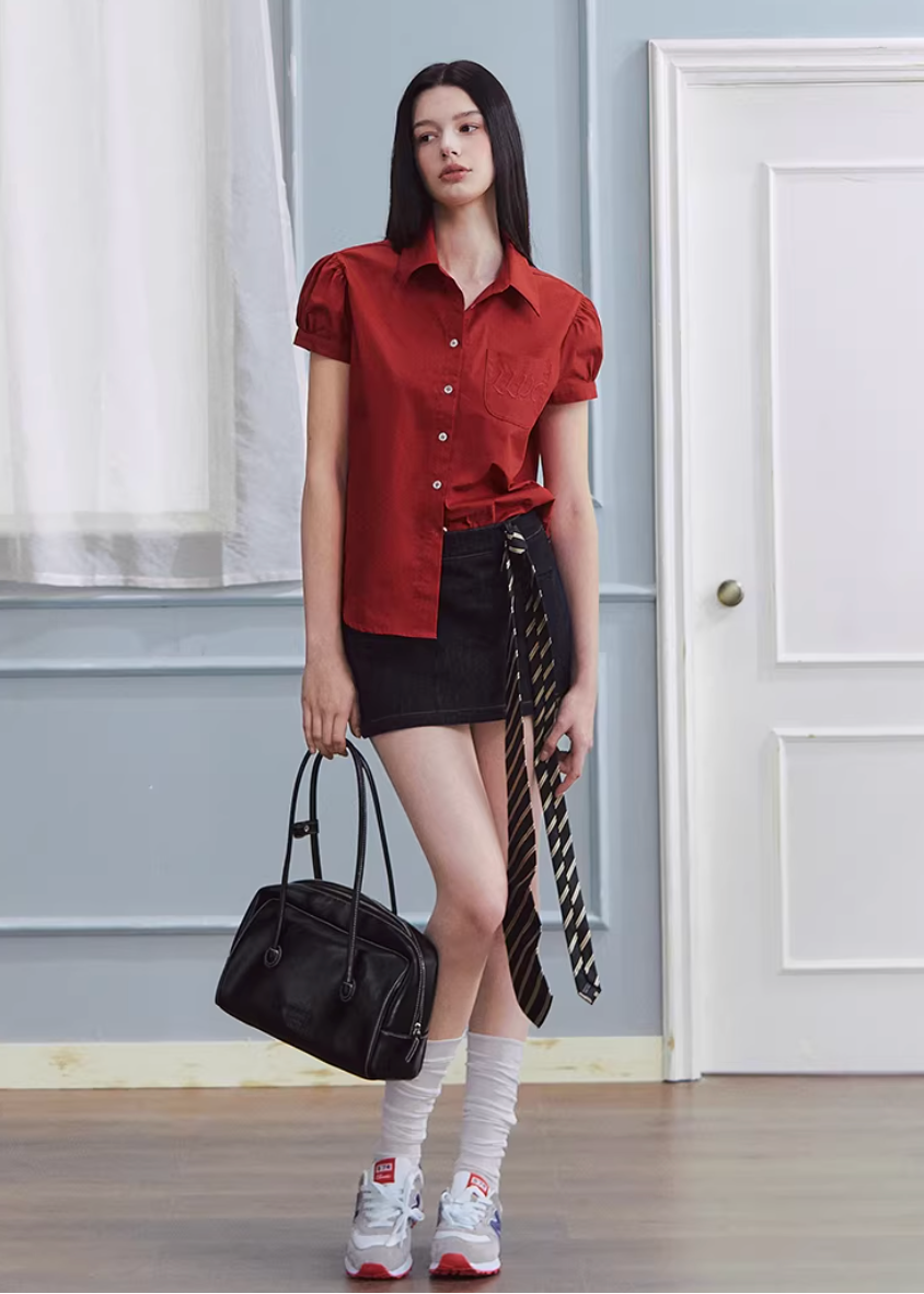 red shirt women, cotton blouse women, puff sleeve shirt, korean fashion top, spring outfits 2026, casual spring outfits, college style shirt women, structured blouse women, aesthetic fashion top, modern feminine clothing, versatile everyday top, chic casual outfit, parisian style clothing, fitted shirt women, breathable cotton top, refined casual wear, vintage style shirt, spring wardrobe essential, minimal style blouse, classic button shirt