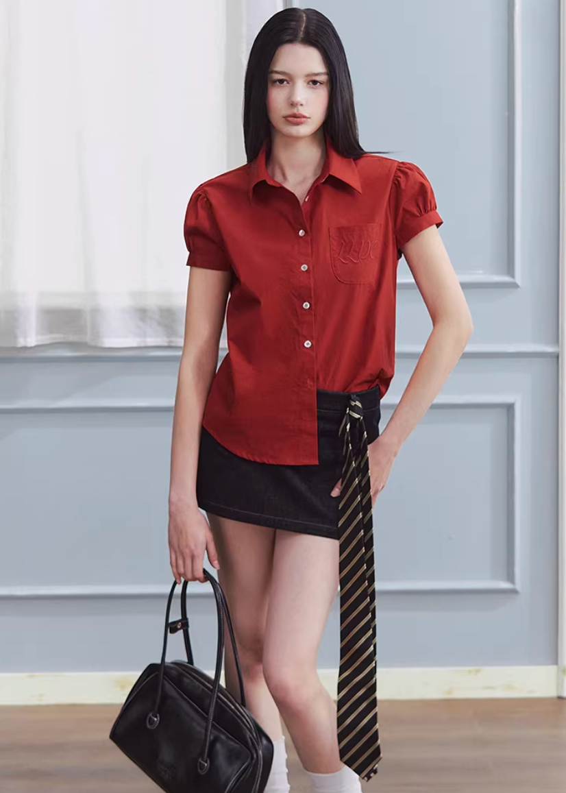 red shirt women, cotton blouse women, puff sleeve shirt, korean fashion top, spring outfits 2026, casual spring outfits, college style shirt women, structured blouse women, aesthetic fashion top, modern feminine clothing, versatile everyday top, chic casual outfit, parisian style clothing, fitted shirt women, breathable cotton top, refined casual wear, vintage style shirt, spring wardrobe essential, minimal style blouse, classic button shirt