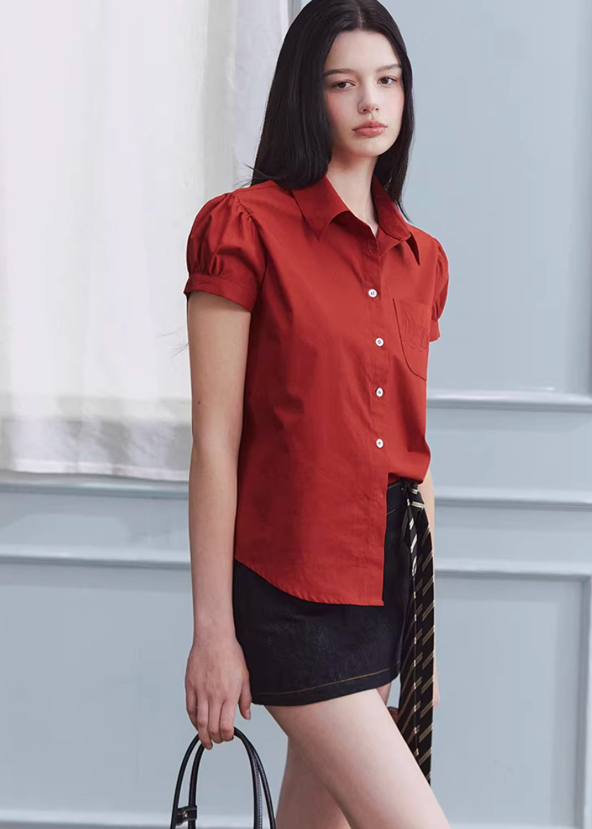 red shirt women, cotton blouse women, puff sleeve shirt, korean fashion top, spring outfits 2026, casual spring outfits, college style shirt women, structured blouse women, aesthetic fashion top, modern feminine clothing, versatile everyday top, chic casual outfit, parisian style clothing, fitted shirt women, breathable cotton top, refined casual wear, vintage style shirt, spring wardrobe essential, minimal style blouse, classic button shirt