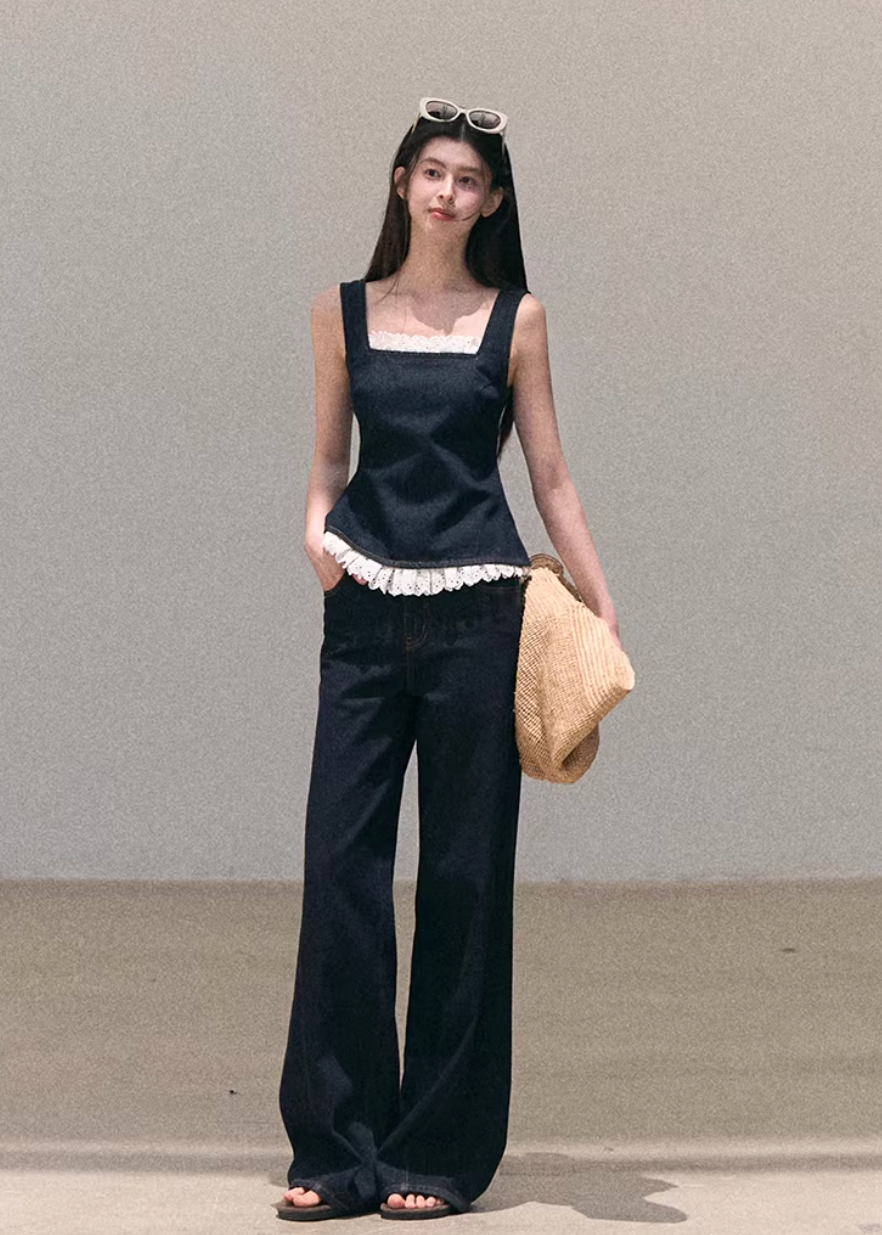 denim set women, lace camisole set, wide leg pants outfit, korean fashion set, spring outfit ideas, casual spring outfits, resort outfit women, bohemian denim outfit, lightweight denim set, feminine casual outfit, modern feminine clothing, parisian style clothing, versatile two piece outfit, relaxed fit pants women, aesthetic fashion set, travel outfit women, soft denim outfit, chic everyday set, minimal style outfit, calm luxury fashion