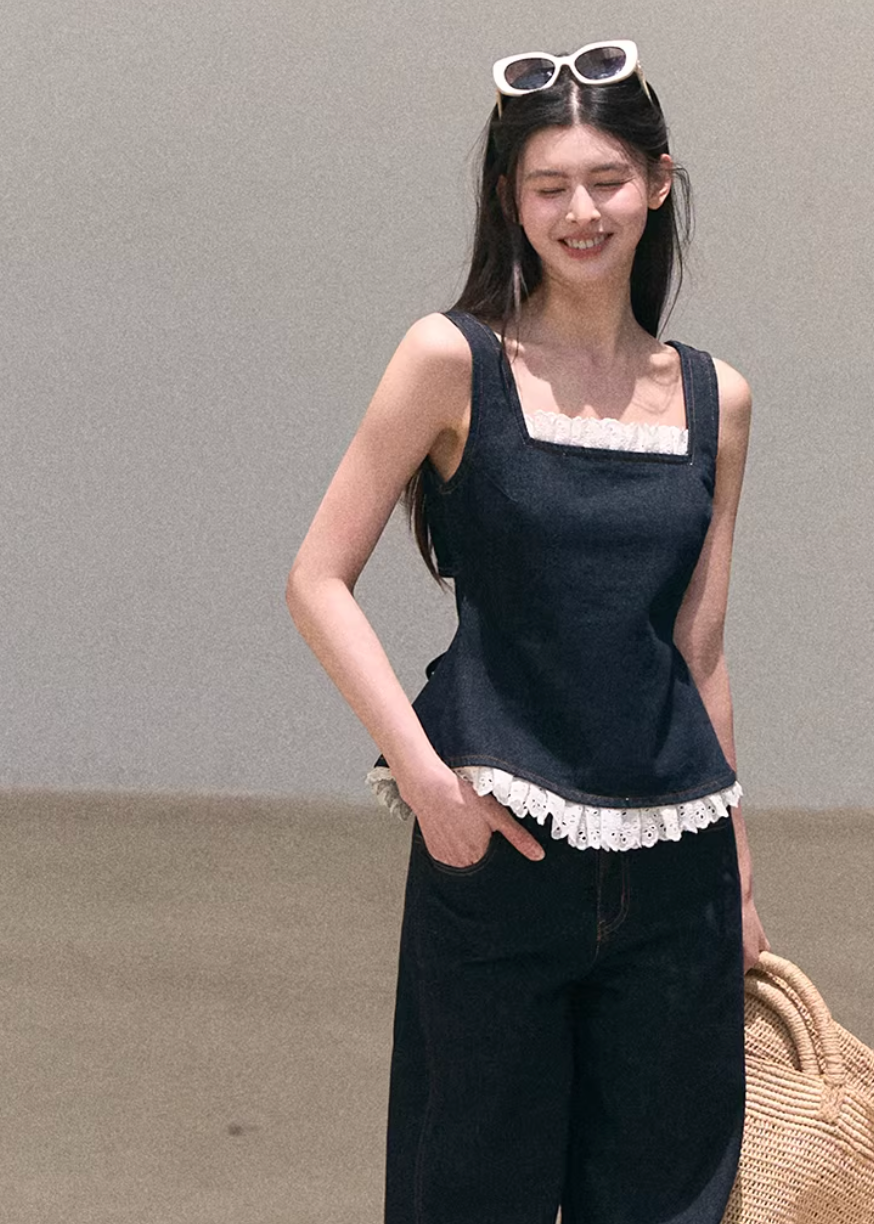 denim set women, lace camisole set, wide leg pants outfit, korean fashion set, spring outfit ideas, casual spring outfits, resort outfit women, bohemian denim outfit, lightweight denim set, feminine casual outfit, modern feminine clothing, parisian style clothing, versatile two piece outfit, relaxed fit pants women, aesthetic fashion set, travel outfit women, soft denim outfit, chic everyday set, minimal style outfit, calm luxury fashion