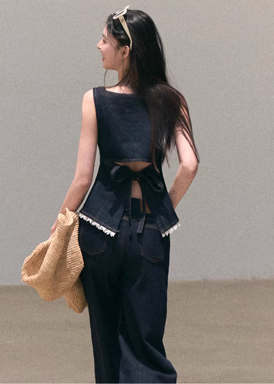denim set women, lace camisole set, wide leg pants outfit, korean fashion set, spring outfit ideas, casual spring outfits, resort outfit women, bohemian denim outfit, lightweight denim set, feminine casual outfit, modern feminine clothing, parisian style clothing, versatile two piece outfit, relaxed fit pants women, aesthetic fashion set, travel outfit women, soft denim outfit, chic everyday set, minimal style outfit, calm luxury fashion