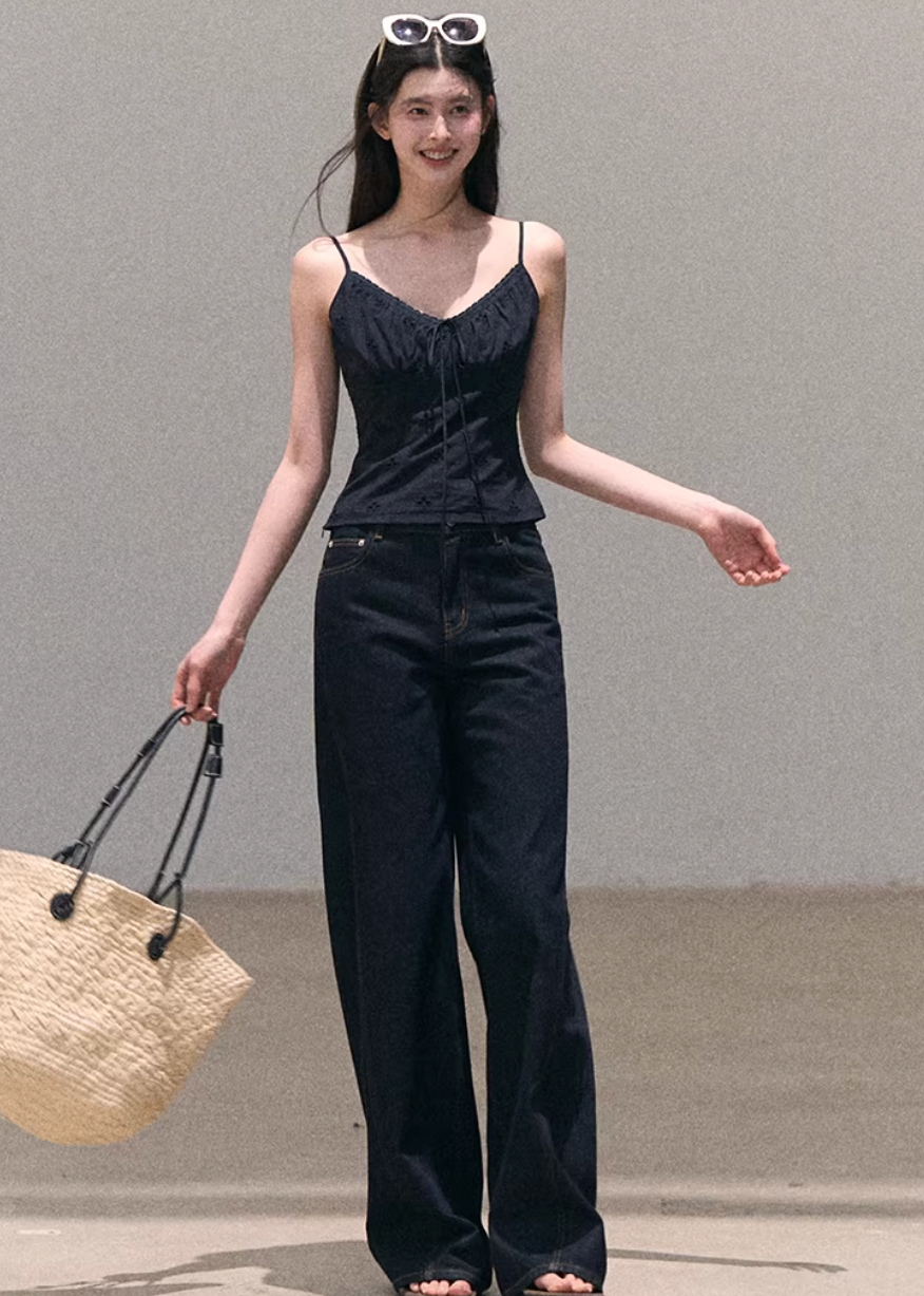 denim set women, lace camisole set, wide leg pants outfit, korean fashion set, spring outfit ideas, casual spring outfits, resort outfit women, bohemian denim outfit, lightweight denim set, feminine casual outfit, modern feminine clothing, parisian style clothing, versatile two piece outfit, relaxed fit pants women, aesthetic fashion set, travel outfit women, soft denim outfit, chic everyday set, minimal style outfit, calm luxury fashion