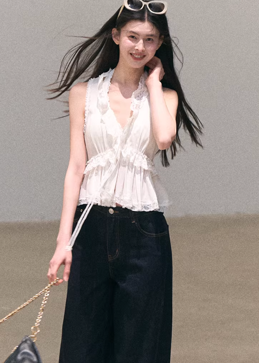 denim set women, lace camisole set, wide leg pants outfit, korean fashion set, spring outfit ideas, casual spring outfits, resort outfit women, bohemian denim outfit, lightweight denim set, feminine casual outfit, modern feminine clothing, parisian style clothing, versatile two piece outfit, relaxed fit pants women, aesthetic fashion set, travel outfit women, soft denim outfit, chic everyday set, minimal style outfit, calm luxury fashion