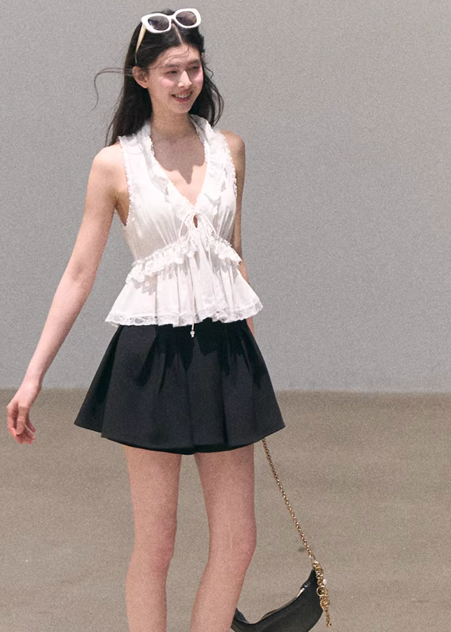lace halter top women, linen blend top, lyocell blouse women, korean fashion top, spring outfit ideas, casual spring outfits, feminine summer top, lightweight blouse women, soft aesthetic outfit, breathable fabric top, modern feminine clothing, parisian style clothing, relaxed fit top women, versatile summer top, airy fabric blouse, chic everyday outfit, minimal elegant top, resort style top, calm luxury fashion, delicate lace blouse