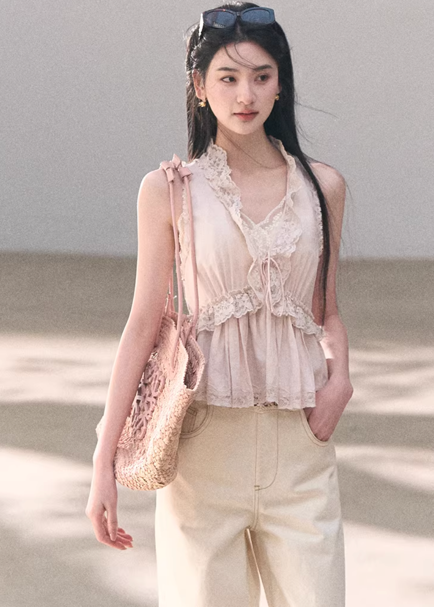 lace halter top women, linen blend top, lyocell blouse women, korean fashion top, spring outfit ideas, casual spring outfits, feminine summer top, lightweight blouse women, soft aesthetic outfit, breathable fabric top, modern feminine clothing, parisian style clothing, relaxed fit top women, versatile summer top, airy fabric blouse, chic everyday outfit, minimal elegant top, resort style top, calm luxury fashion, delicate lace blouse