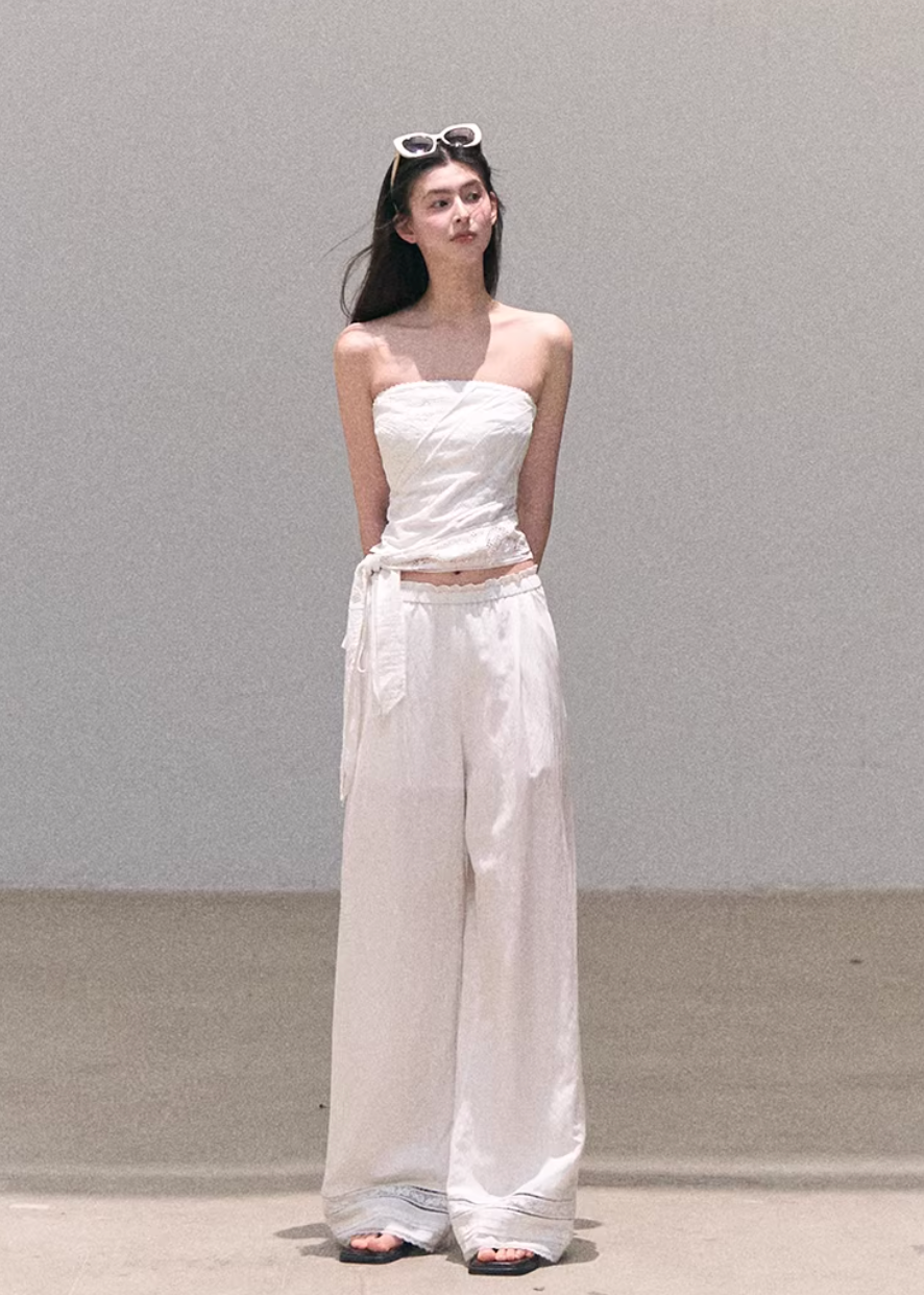 bandeau set women, linen two piece outfit, korean fashion set, spring outfit ideas, casual spring outfits, resort outfit women, wide leg pants set, minimalist summer outfit, breathable fabric set, soft aesthetic outfit, modern feminine clothing, parisian style clothing, versatile two piece outfit, travel outfit women, relaxed fit pants women, chic everyday set, natural fabric outfit, calm luxury fashion, effortless style set, spring wardrobe set