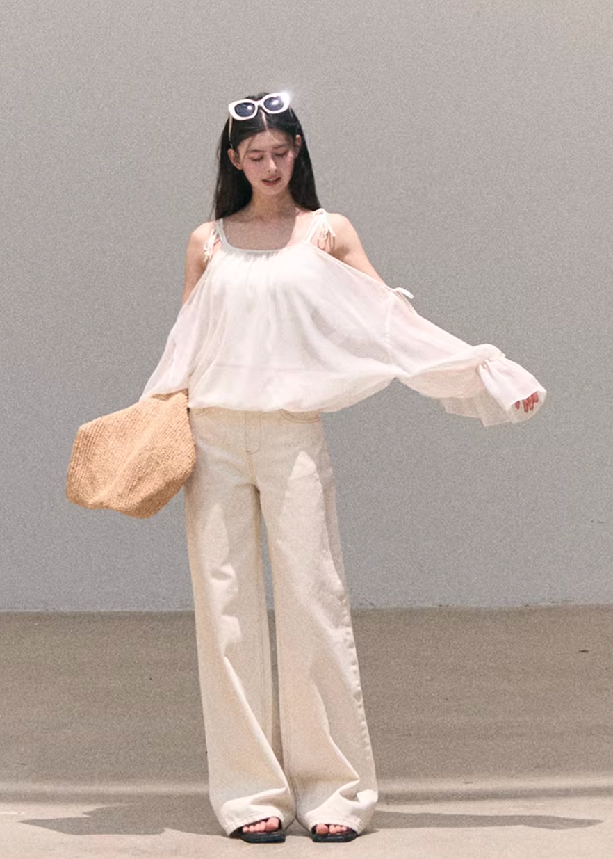 chiffon blouse women, ruffle sleeve top, korean fashion top, spring outfit ideas, casual spring outfits, smock top women, lightweight summer blouse, breathable chiffon top, soft aesthetic outfit, modern feminine clothing, parisian style clothing, versatile everyday top, chic casual outfit, calm luxury fashion, relaxed fit blouse women, effortless style top, spring wardrobe essential, airy fabric blouse, resort style top, feminine flow top