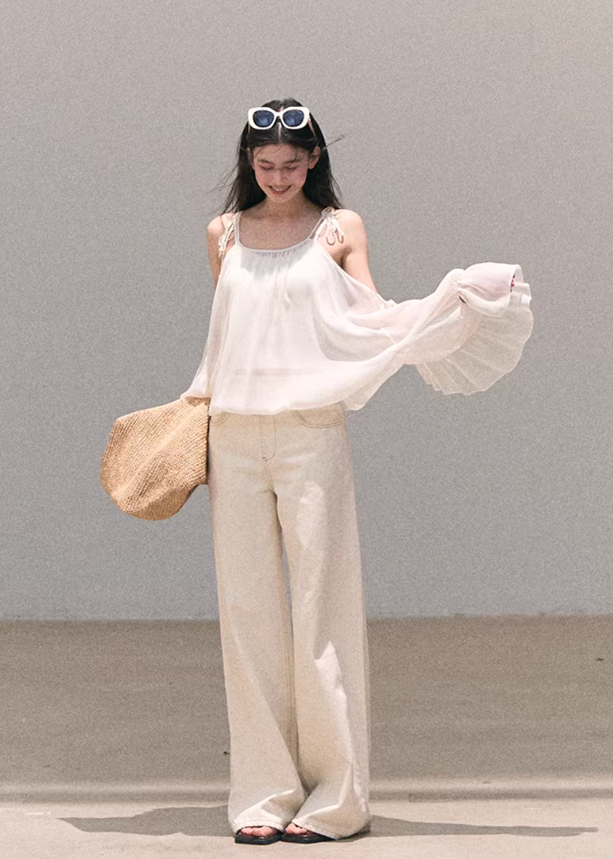 chiffon blouse women, ruffle sleeve top, korean fashion top, spring outfit ideas, casual spring outfits, smock top women, lightweight summer blouse, breathable chiffon top, soft aesthetic outfit, modern feminine clothing, parisian style clothing, versatile everyday top, chic casual outfit, calm luxury fashion, relaxed fit blouse women, effortless style top, spring wardrobe essential, airy fabric blouse, resort style top, feminine flow top